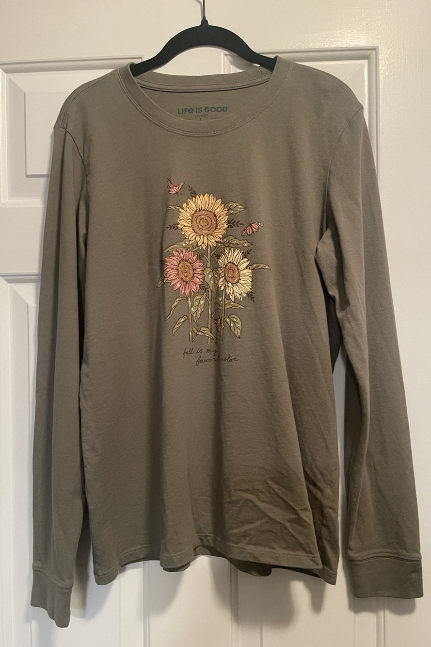 Life Is Good Long Sleeve T-Shirt Womens Large Green Fall Is My Favorite Color